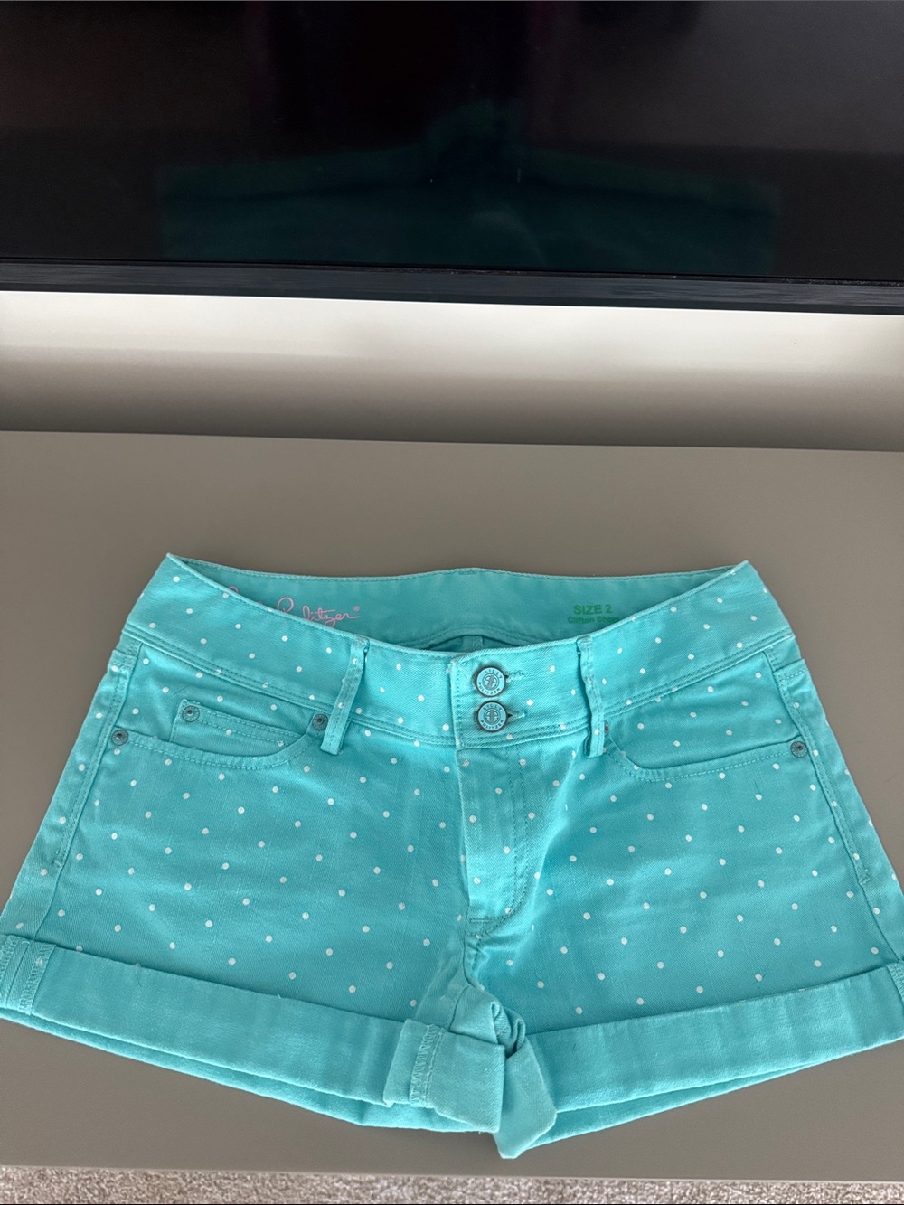 Lilly Pulitzer Aqua Polka Dot Jean Shorts, EUC!!!